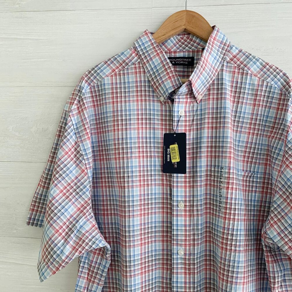NWT Roundtree & Yorke - Blue red plaid short sleeve button up shirt, 2X - Picture 2 of 5